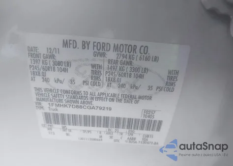 2012 Ford Explorer Xlt z USA, uszkodzony, nr VIN 1FMHK7D88CGA79219